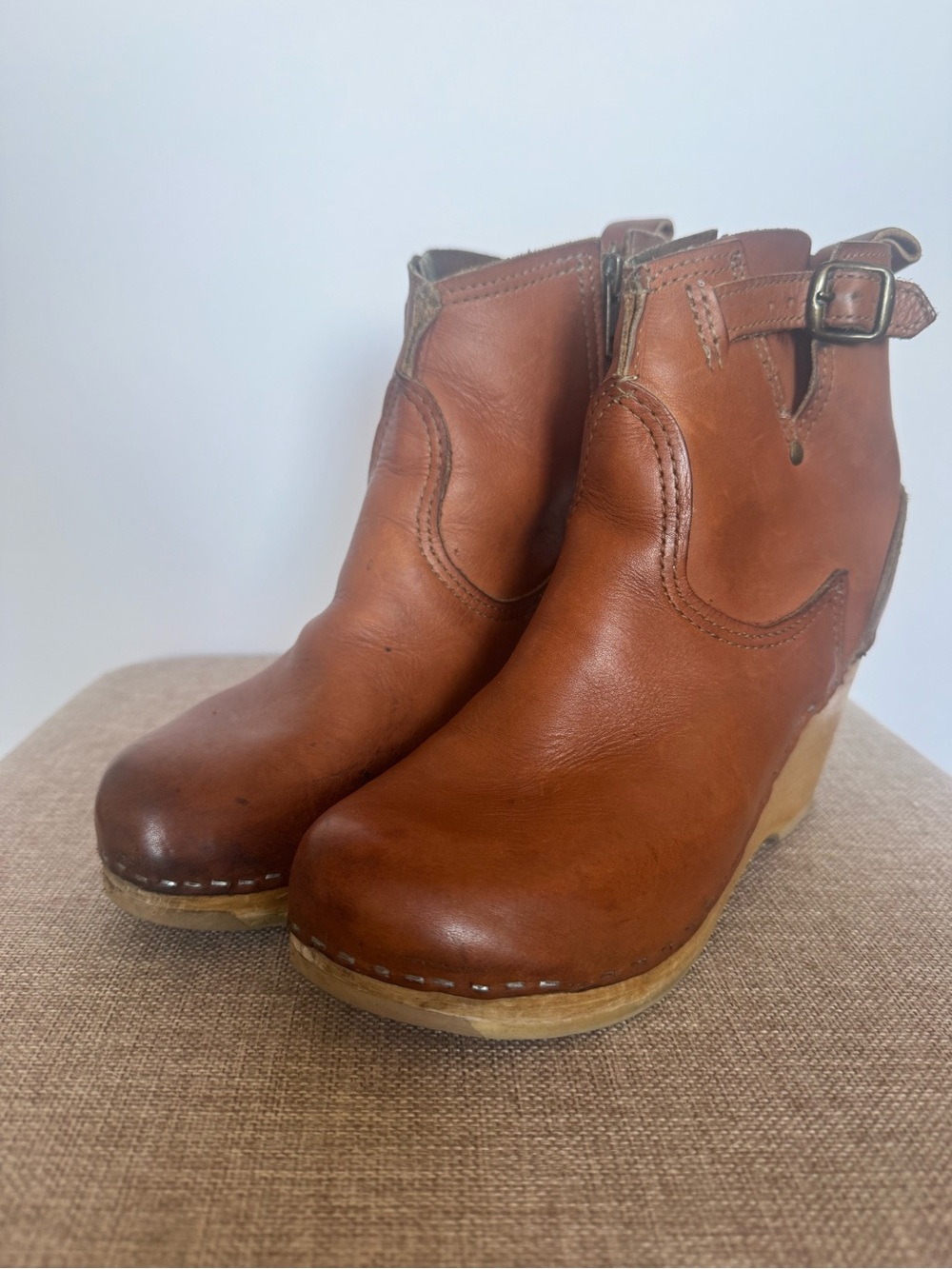 No. 6 Leather Wedge Ankle Boots in Cognac